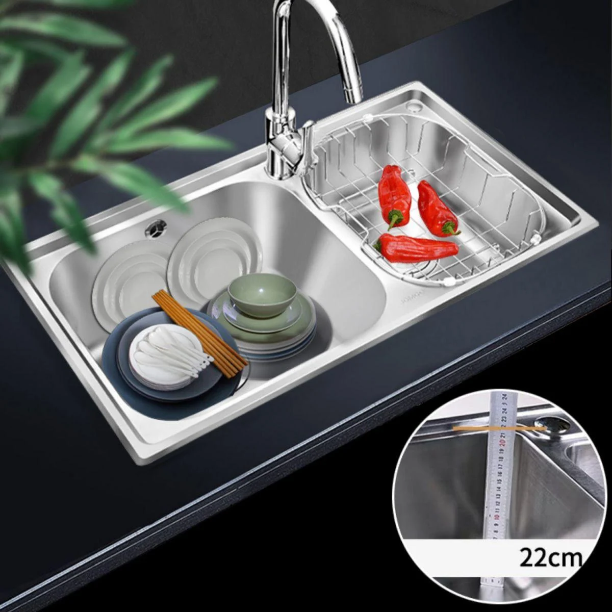 Rectangle 2 Holes Kitchen Sink Stainless Steel Double Basin Sink -Bathlova