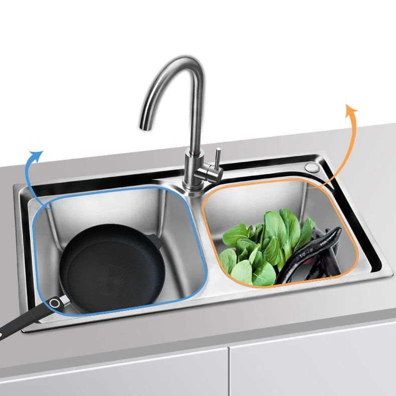 Rectangle 2 Holes Kitchen Sink with Basket Strainer Stainless Steel Double Basin Sink -Bathlova