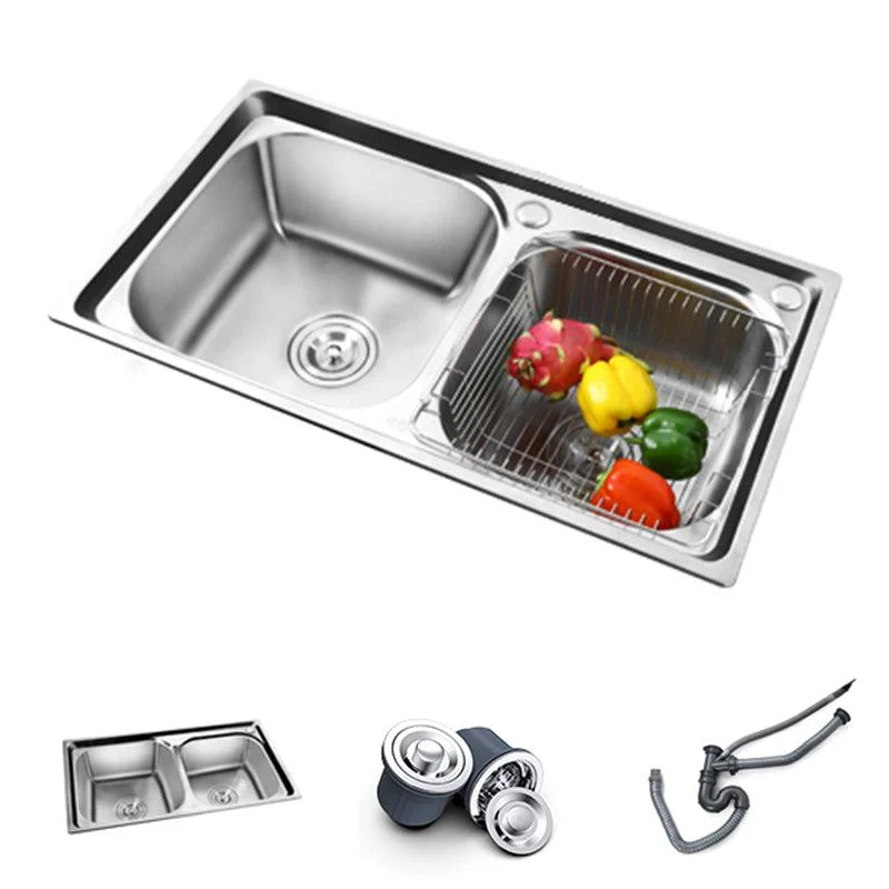 Rectangle 2 Holes Kitchen Sink with Basket Strainer Stainless Steel Double Basin Sink -Bathlova