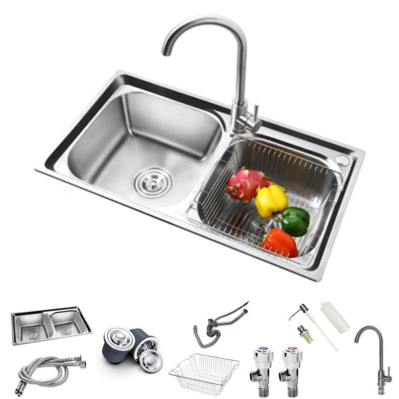 Rectangle 2 Holes Kitchen Sink with Basket Strainer Stainless Steel Double Basin Sink -Bathlova