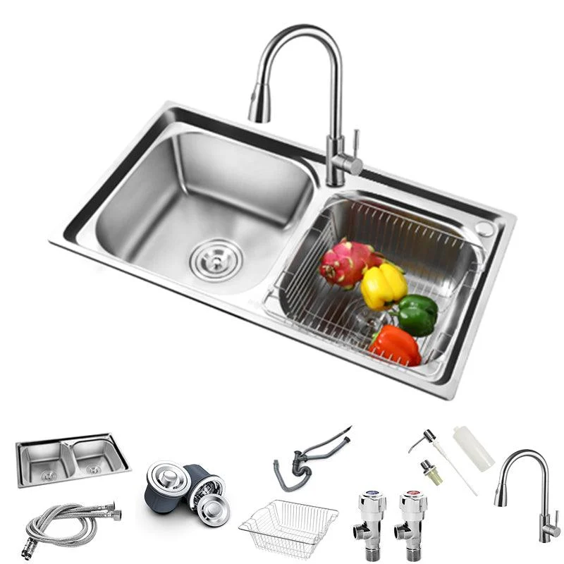 Rectangle 2 Holes Kitchen Sink with Basket Strainer Stainless Steel Double Basin Sink -Bathlova