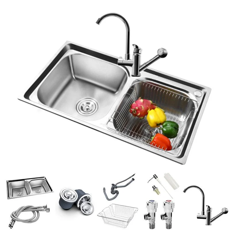 Rectangle 2 Holes Kitchen Sink with Basket Strainer Stainless Steel Double Basin Sink -Bathlova