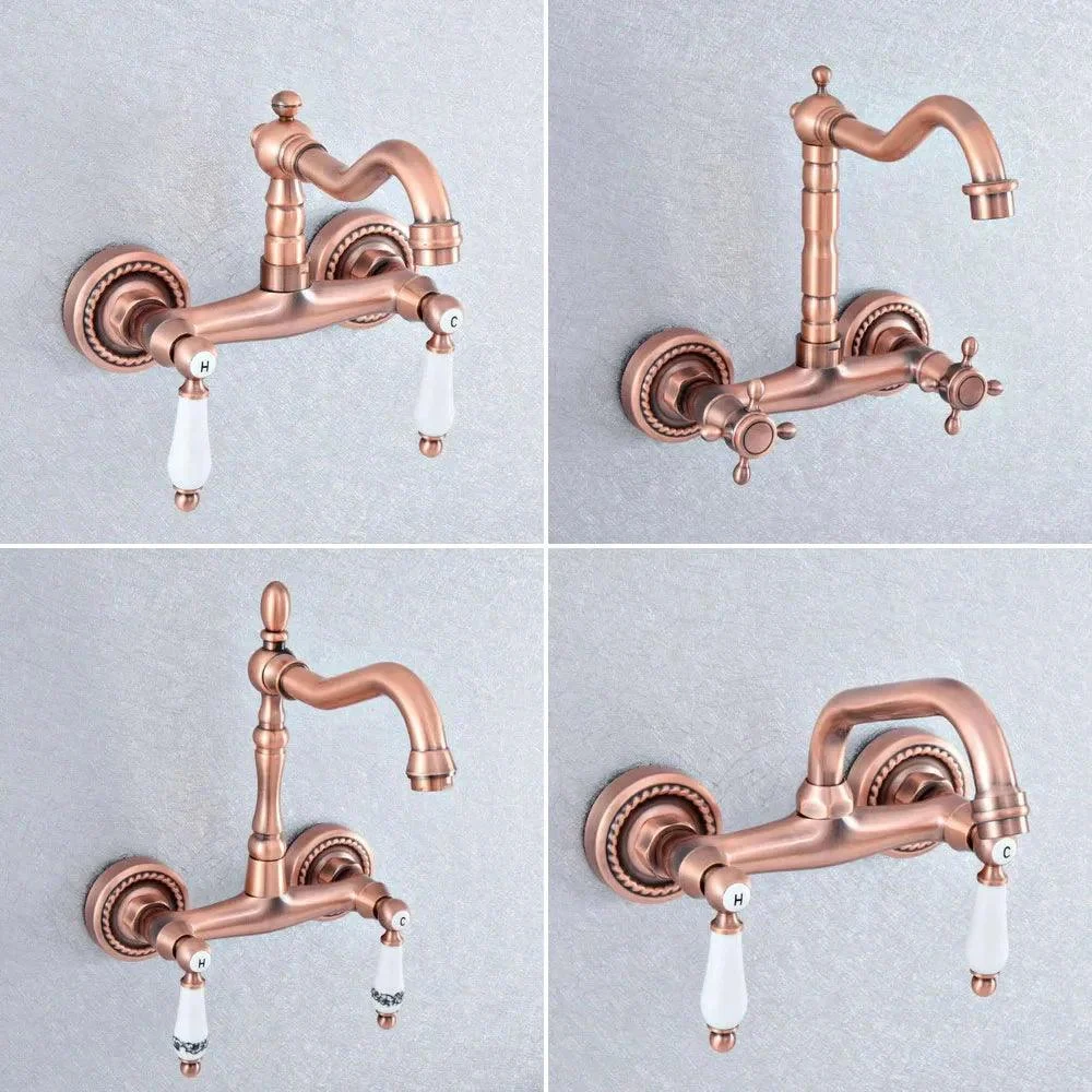 Red Copper Brass Wall Mounted Two Handles Levers Kitchen Sink Tap -Bathlova