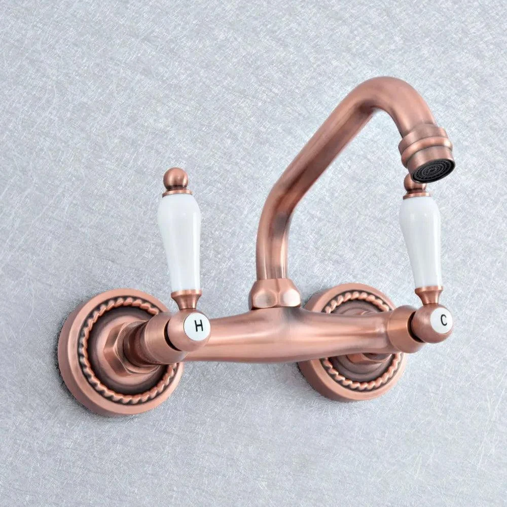 Red Copper Brass Wall Mounted Two Handles Levers Kitchen Sink Tap -Bathlova