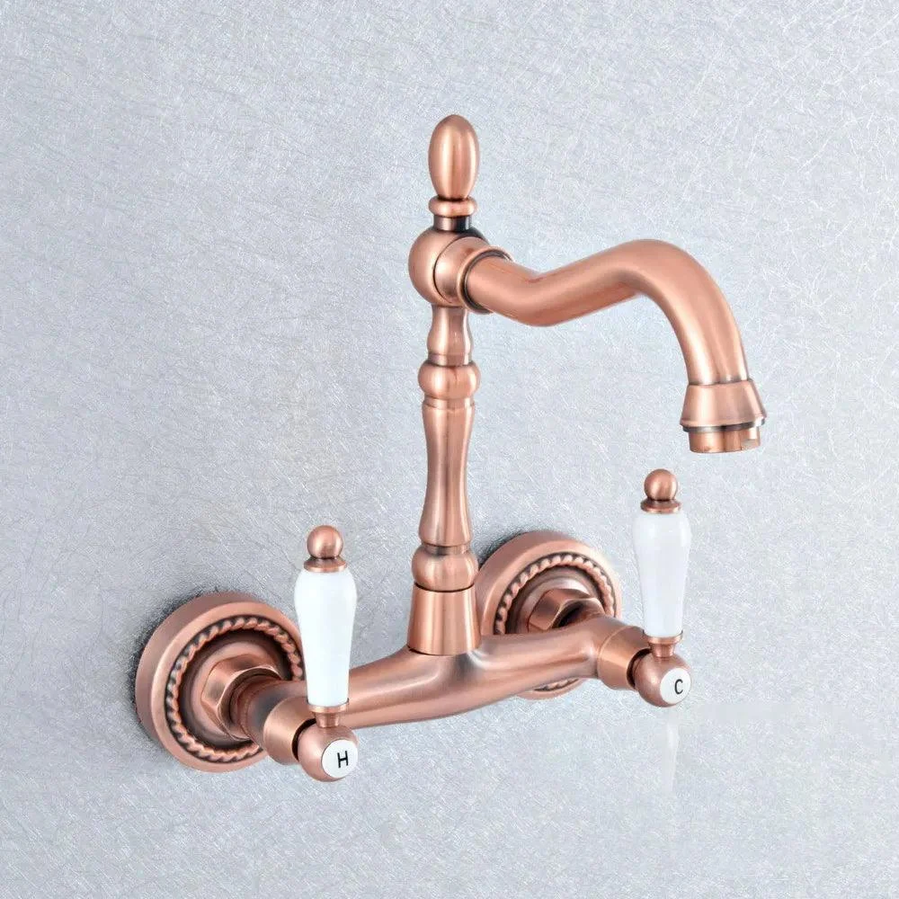 Red Copper Brass Wall Mounted Two Handles Levers Kitchen Sink Tap -Bathlova