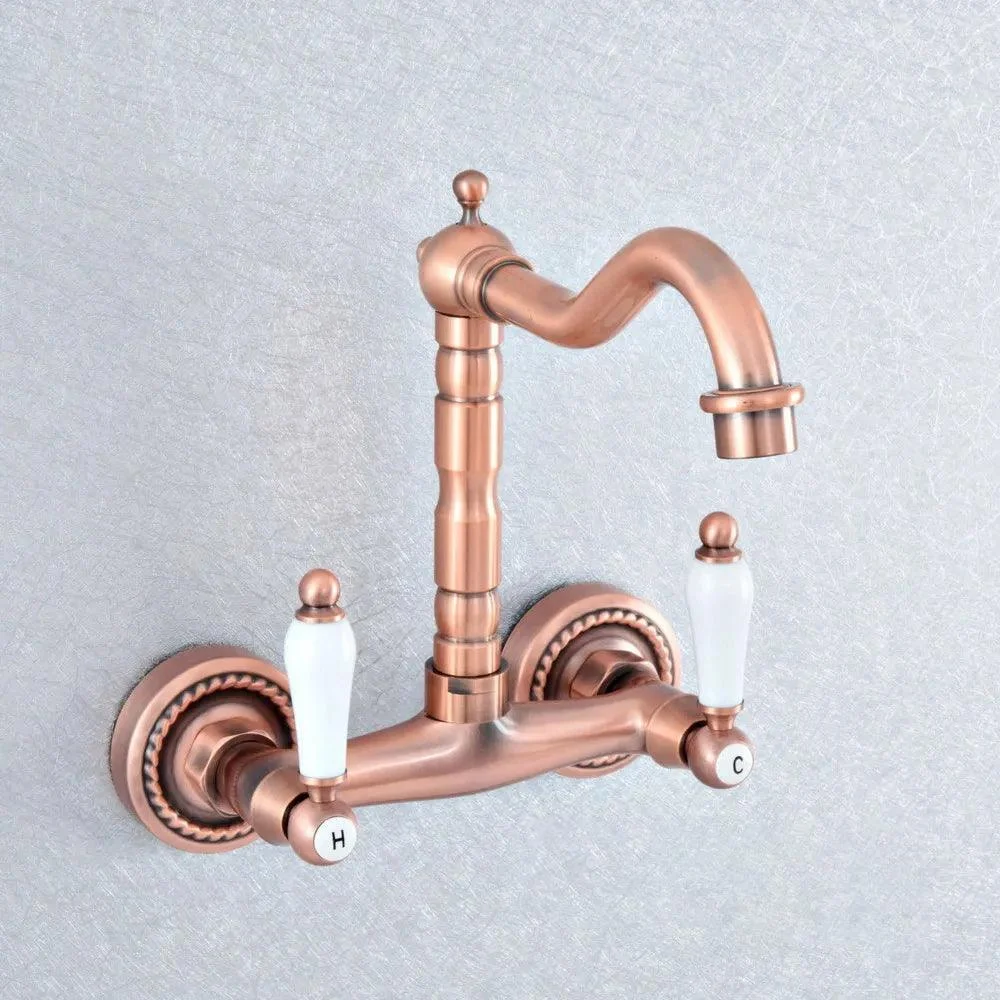 Red Copper Brass Wall Mounted Two Handles Levers Kitchen Sink Tap -Bathlova