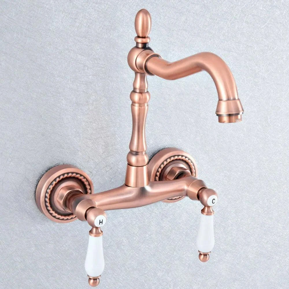 Red Copper Brass Wall Mounted Two Handles Levers Kitchen Sink Tap -Bathlova