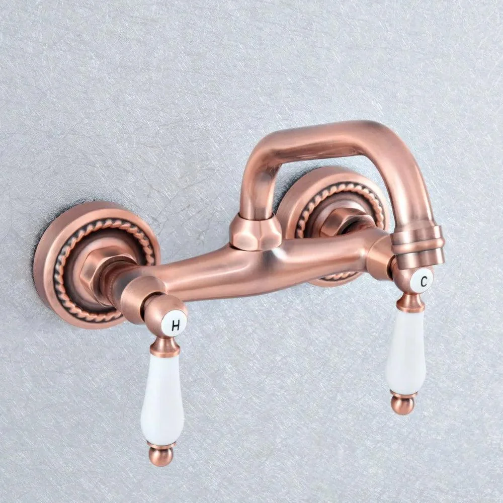 Red Copper Brass Wall Mounted Two Handles Levers Kitchen Sink Tap -Bathlova