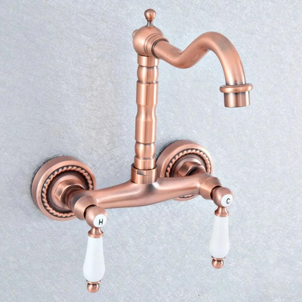 Red Copper Brass Wall Mounted Two Handles Levers Kitchen Sink Tap -Bathlova