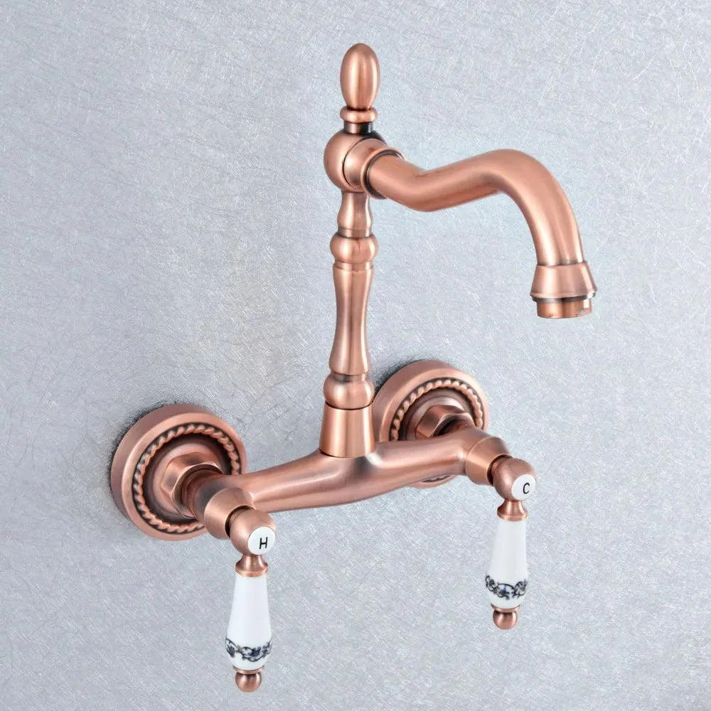 Red Copper Brass Wall Mounted Two Handles Levers Kitchen Sink Tap -Bathlova