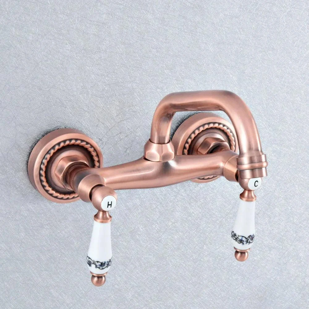 Red Copper Brass Wall Mounted Two Handles Levers Kitchen Sink Tap -Bathlova