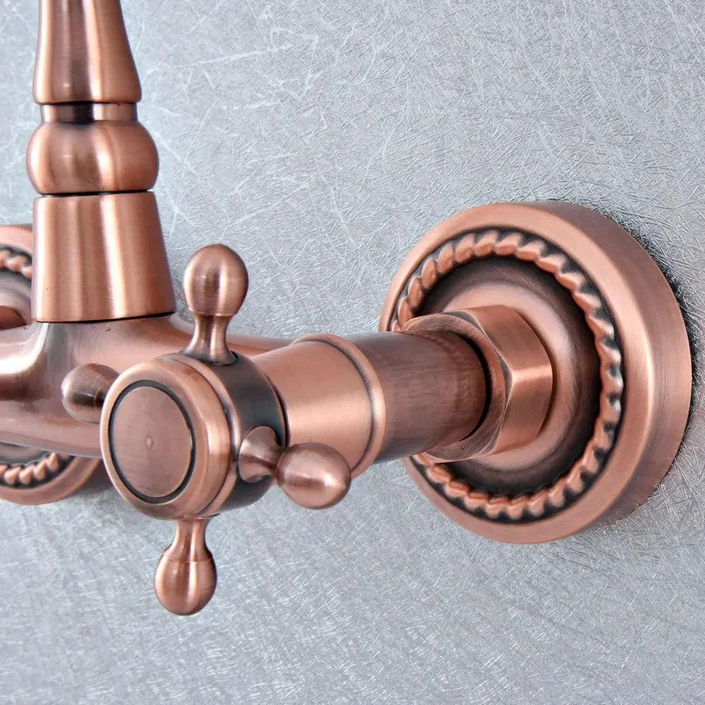 Red Copper Brass Wall Mounted Two Handles Levers Kitchen Sink Tap -Bathlova