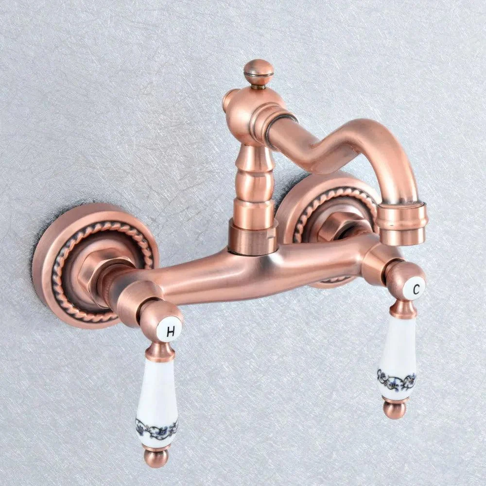 Red Copper Brass Wall Mounted Two Handles Levers Kitchen Sink Tap -Bathlova