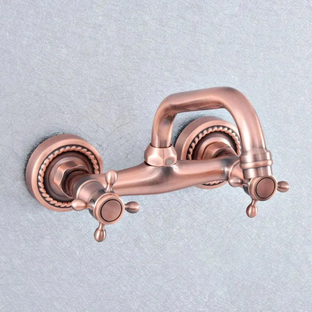 Red Copper Brass Wall Mounted Two Handles Levers Kitchen Sink Tap -Bathlova