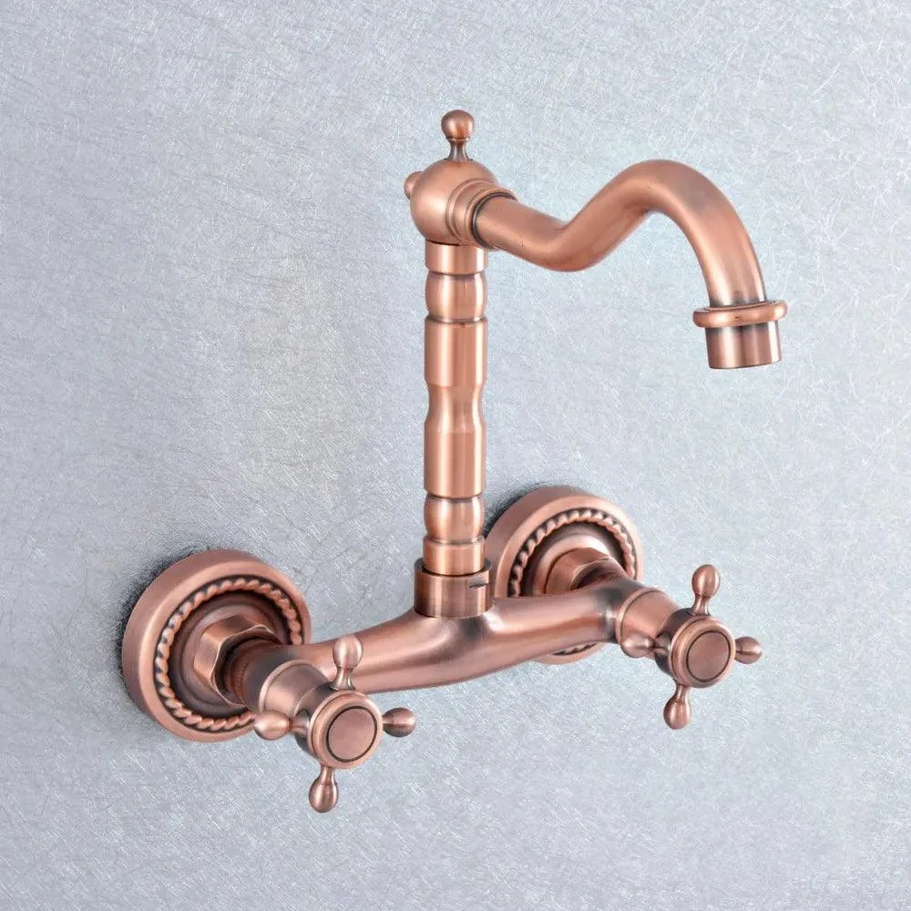 Red Copper Brass Wall Mounted Two Handles Levers Kitchen Sink Tap -Bathlova