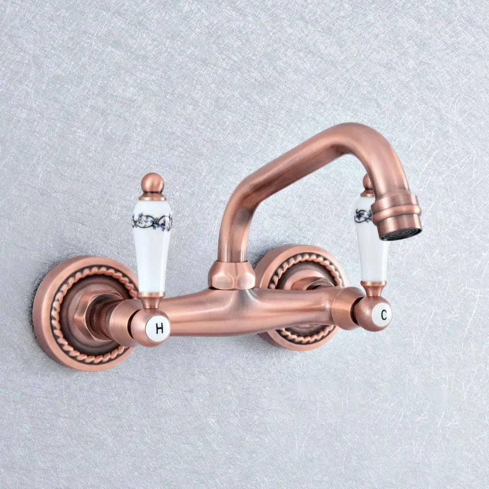 Red Copper Brass Wall Mounted Two Handles Levers Kitchen Sink Tap -Bathlova