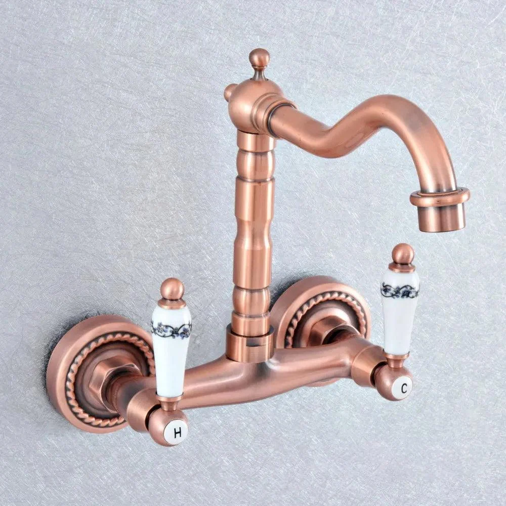 Red Copper Brass Wall Mounted Two Handles Levers Kitchen Sink Tap -Bathlova