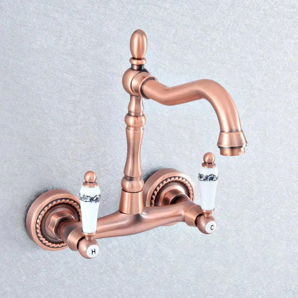 Red Copper Brass Wall Mounted Two Handles Levers Kitchen Sink Tap -Bathlova