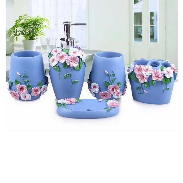 Resin Soap Dish, Soap Dispenser, Toothbrush Holder & Tumbler Bathroom Accessory 5 Piece Set -Bathlova