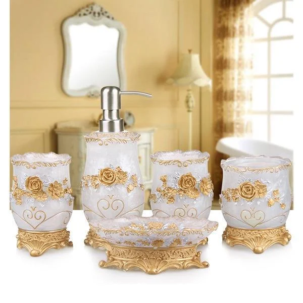 Resin Soap Dish, Soap Dispenser, Toothbrush Holder & Tumbler Bathroom Accessory 5 Piece Set -Bathlova