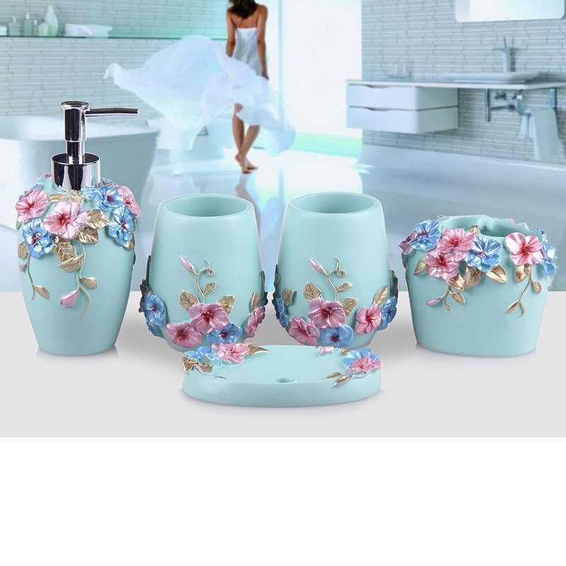 Resin Soap Dish, Soap Dispenser, Toothbrush Holder & Tumbler Bathroom Accessory 5 Piece Set -Bathlova