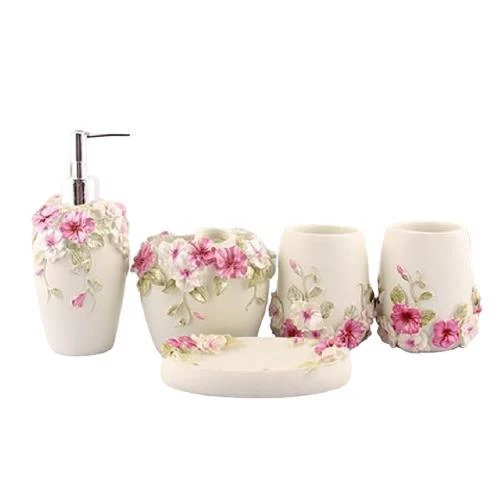 Resin Soap Dish, Soap Dispenser, Toothbrush Holder & Tumbler Bathroom Accessory 5 Piece Set -Bathlova