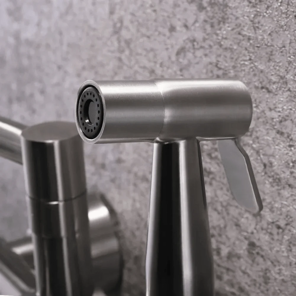 Retractable Wall-mounted Pot Filler Kitchen Tap with Spray in Brushed Nickel -Bathlova