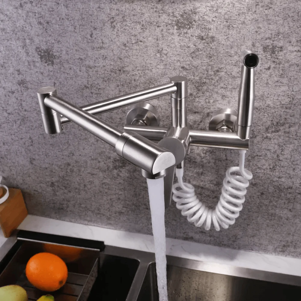 Retractable Wall-mounted Pot Filler Kitchen Tap with Spray in Brushed Nickel -Bathlova