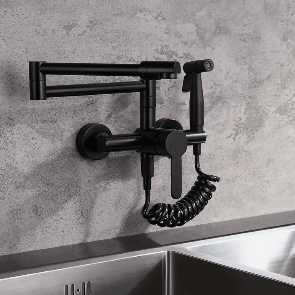 Retractable Wall-mounted Pot Filler Kitchen Tap with Spray in Brushed Nickel -Bathlova