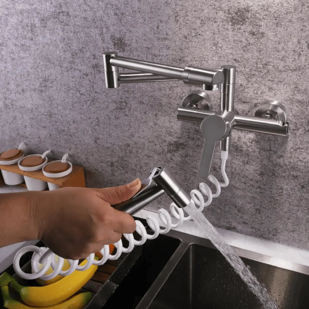 Retractable Wall-mounted Pot Filler Kitchen Tap with Spray in Brushed Nickel -Bathlova