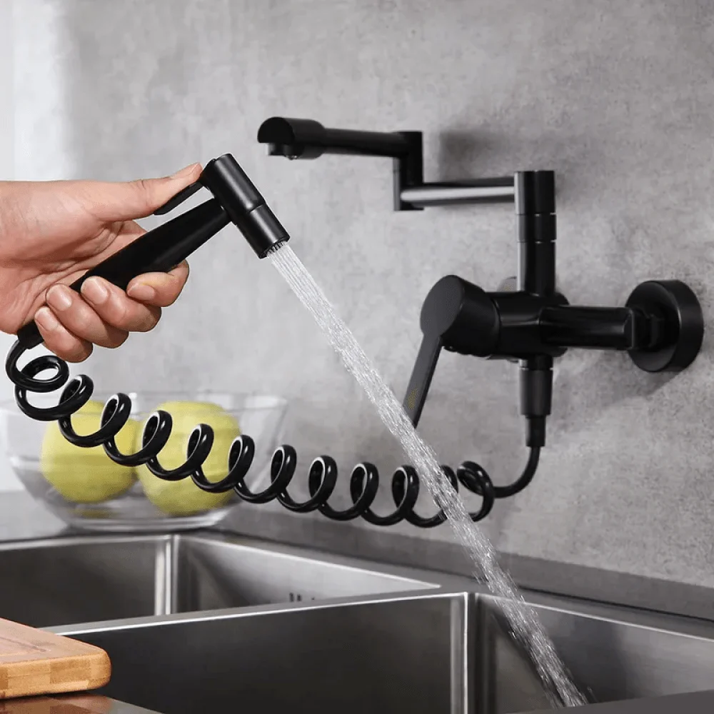 Retractable Wall-mounted Pot Filler Kitchen Tap with Spray in Brushed Nickel -Bathlova