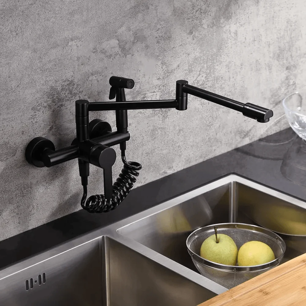 Retractable Wall-mounted Pot Filler Kitchen Tap with Spray in Brushed Nickel -Bathlova