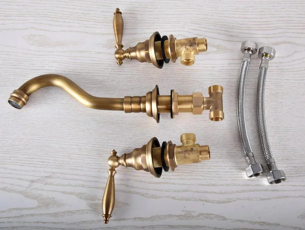 Retro Vintage Antique Brass Two Handle 3 Hole Widespread Basin Tap -Bathlova