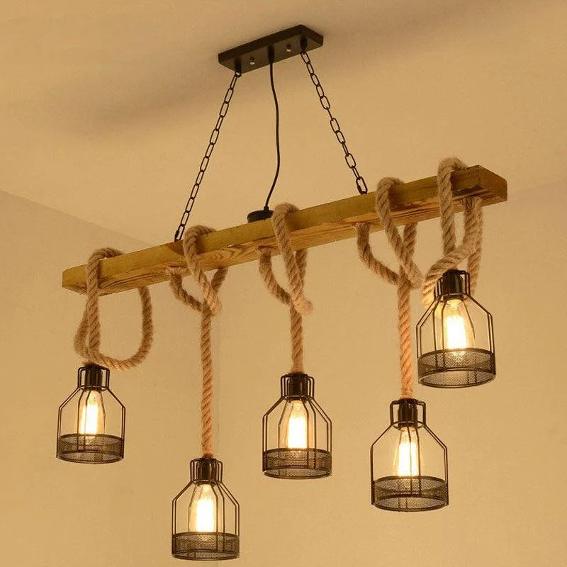 Reuben - Rustic Wood Beam and Rope Chandelier -Bathlova