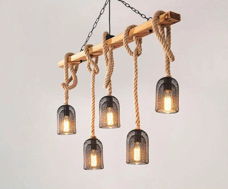 Reuben - Rustic Wood Beam and Rope Chandelier -Bathlova