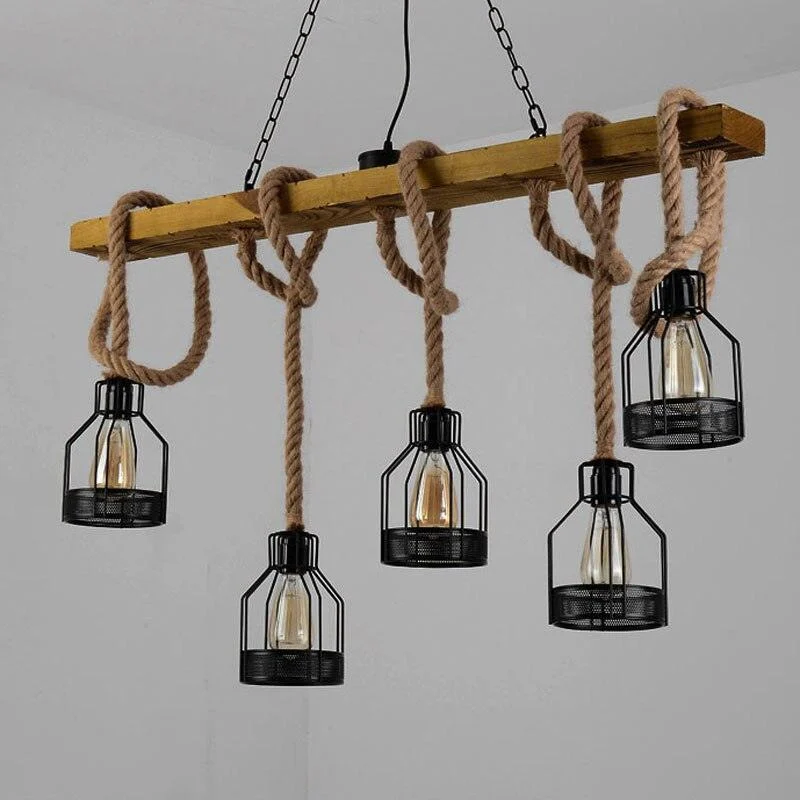 Reuben - Rustic Wood Beam and Rope Chandelier -Bathlova