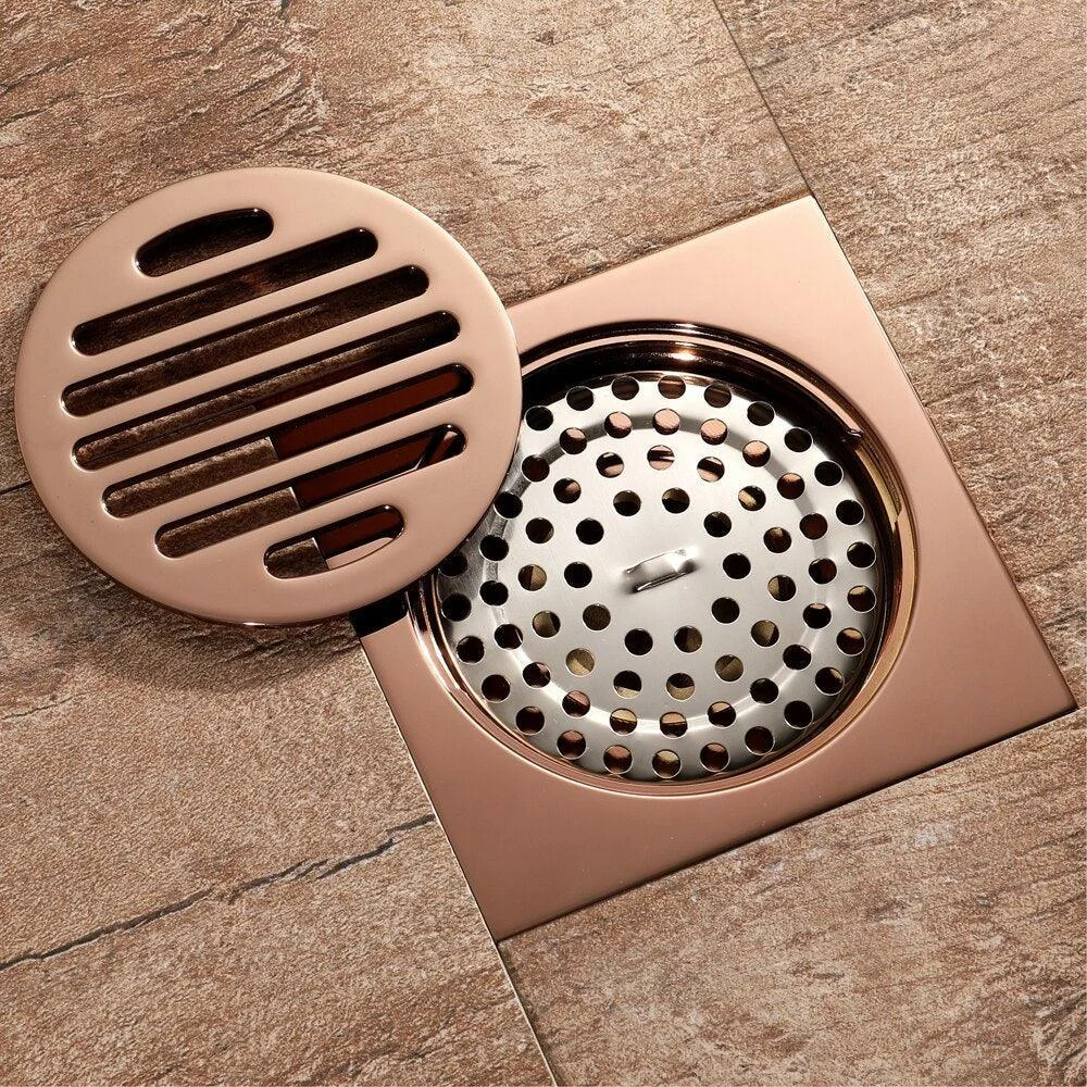 Rose Gold Floor Drain Square Brass Drain Anti-odor Shower Drains -Bathlova