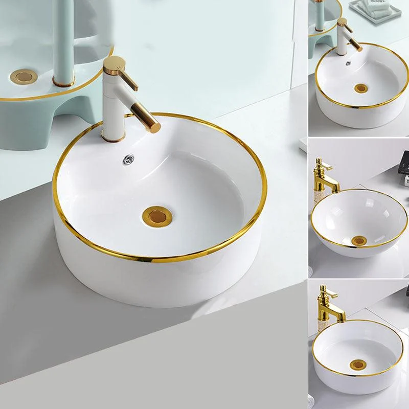 Round Bathroom Sink Ceramic Washroom Sink with Rod Handle Tap -Bathlova