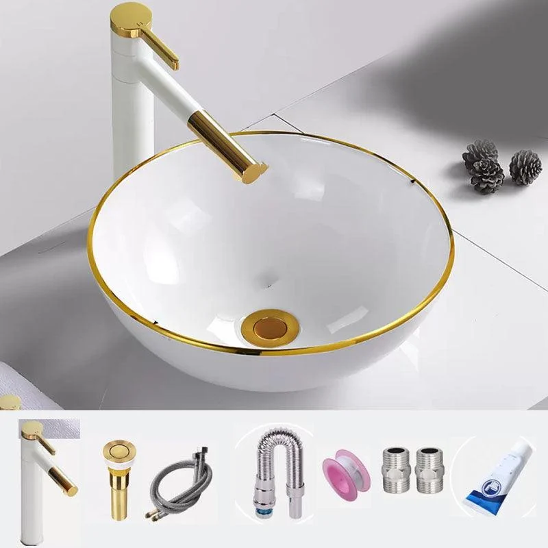 Round Bathroom Sink Ceramic Washroom Sink with Rod Handle Tap -Bathlova