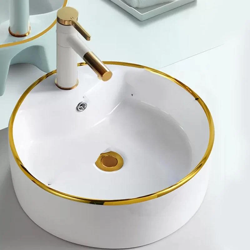 Round Bathroom Sink Ceramic Washroom Sink with Rod Handle Tap -Bathlova