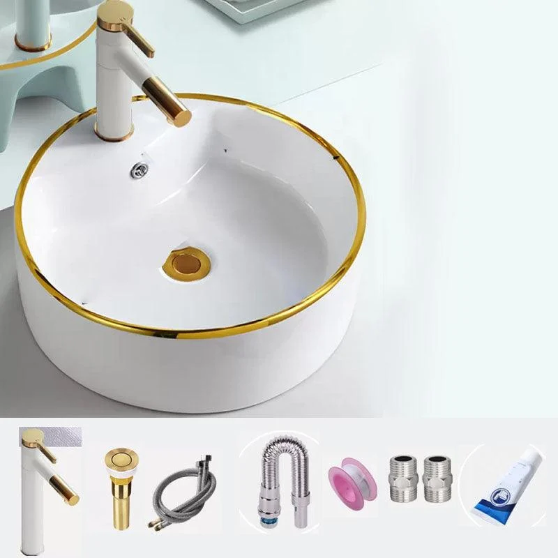 Round Bathroom Sink Ceramic Washroom Sink with Rod Handle Tap -Bathlova