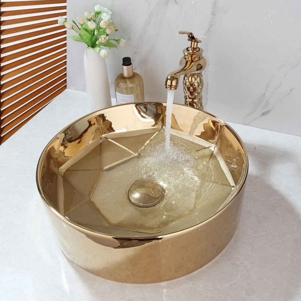 Round Gold Ceramic Lavatory Bathroom Combined Washbasin Vessel Basin Sink -Bathlova