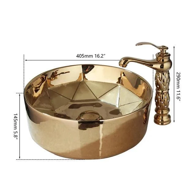 Round Gold Ceramic Lavatory Bathroom Combined Washbasin Vessel Basin Sink -Bathlova