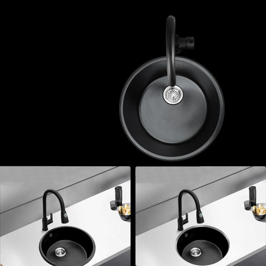 Round Granite Kitchen Sink in Black with Drain Assembly Undermount Sink -Bathlova