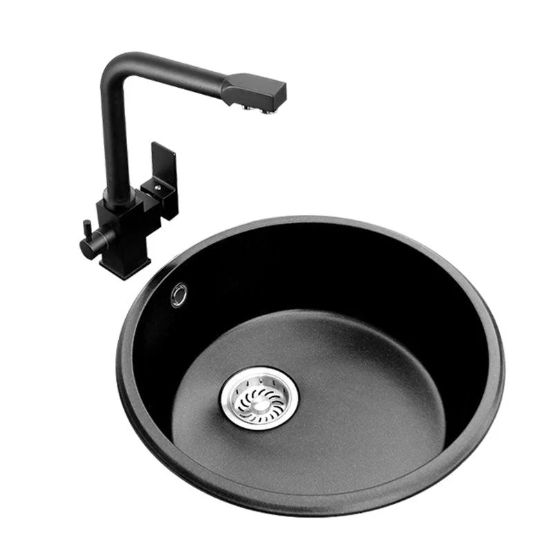 Round Granite Kitchen Sink in Black with Drain Assembly Undermount Sink -Bathlova