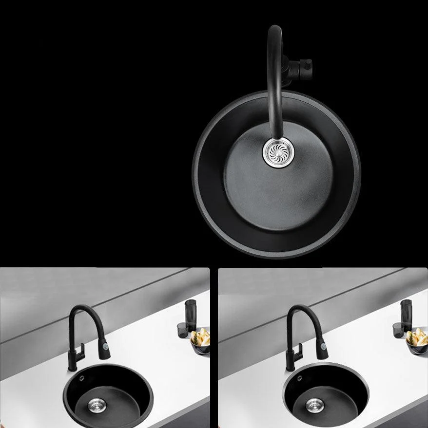 Round Granite Kitchen Sink in Black with Drain Assembly Undermount Sink -Bathlova