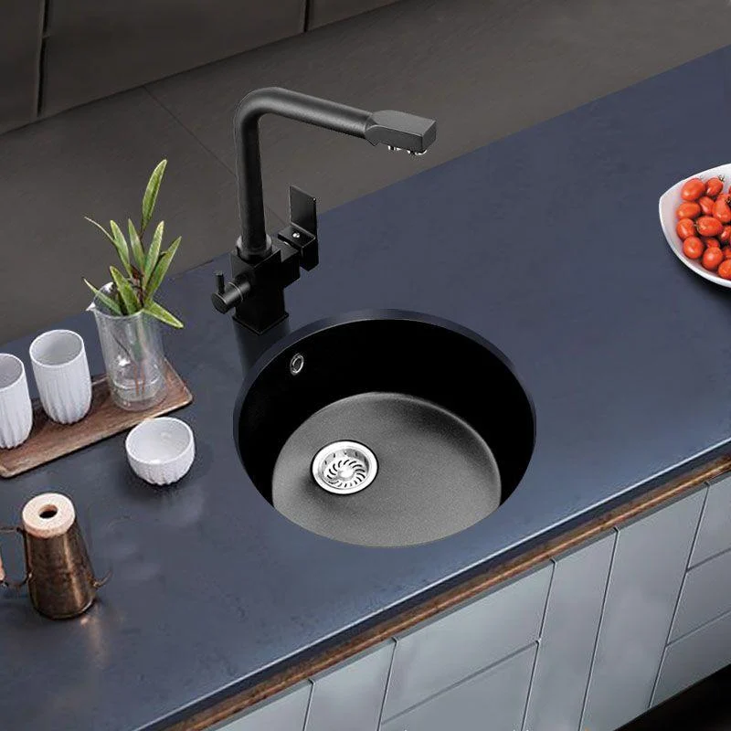 Round Granite Kitchen Sink in Black with Drain Assembly Undermount Sink -Bathlova