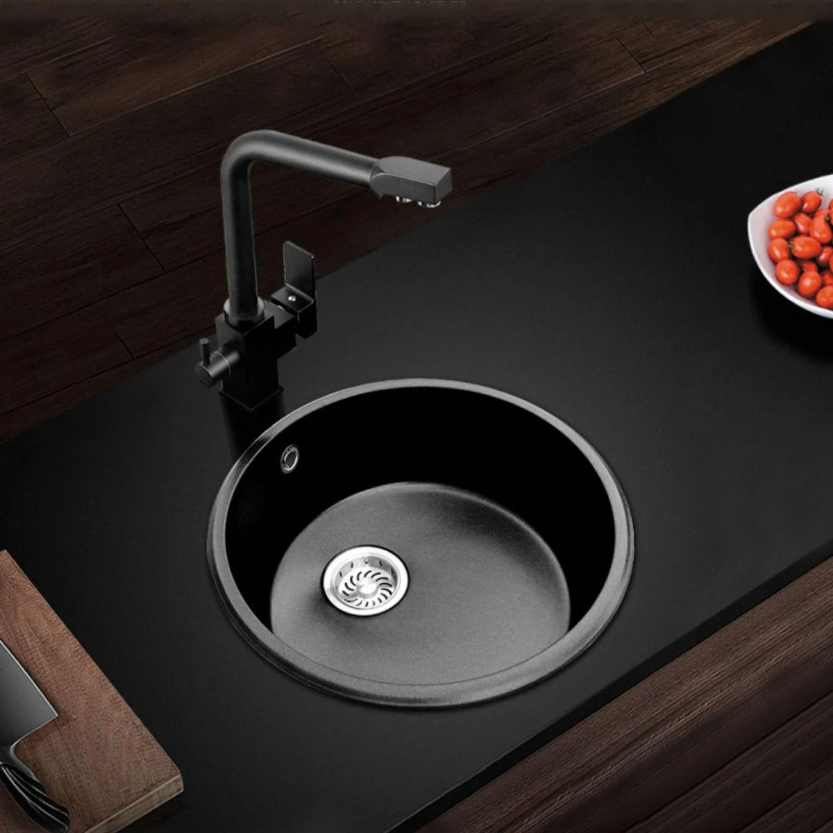 Round Granite Kitchen Sink in Black with Drain Assembly Undermount Sink -Bathlova