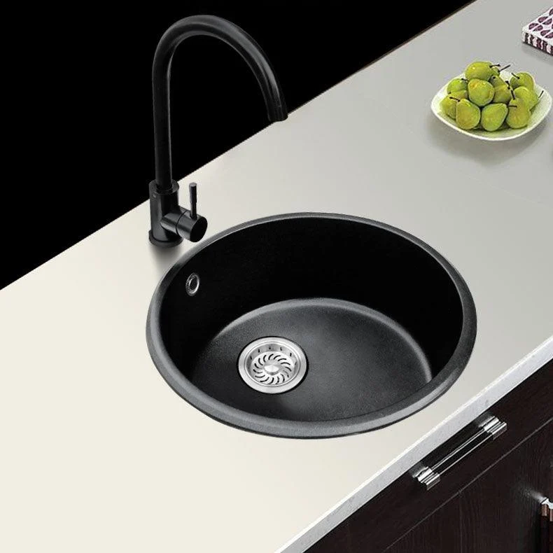 Round Granite Kitchen Sink in Black with Drain Assembly Undermount Sink -Bathlova