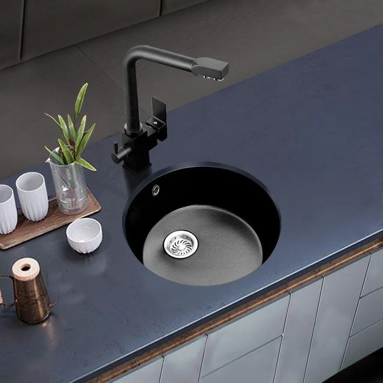 Round Granite Kitchen Sink in Black with Drain Assembly Undermount Sink -Bathlova